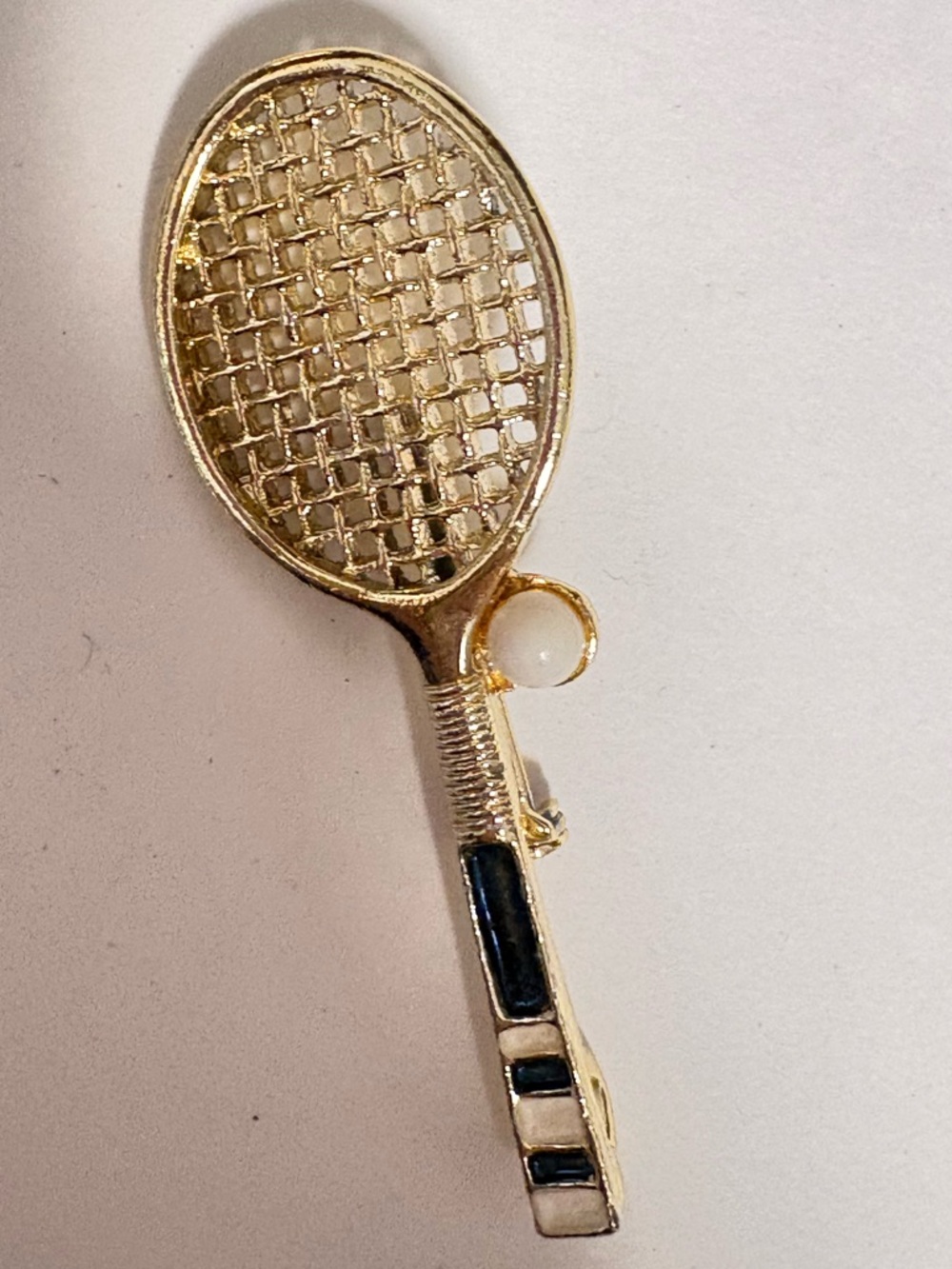 Gold tone Tennis Racket Brooch with Black Enamel and Pearl Accent